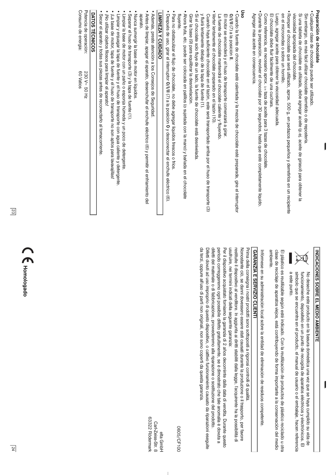 Elta CF100 instruction manual Homologado, Limpieza Y Cuidado, Datos Técnicos, Indicaciones Sobre EL Medio Ambiente 