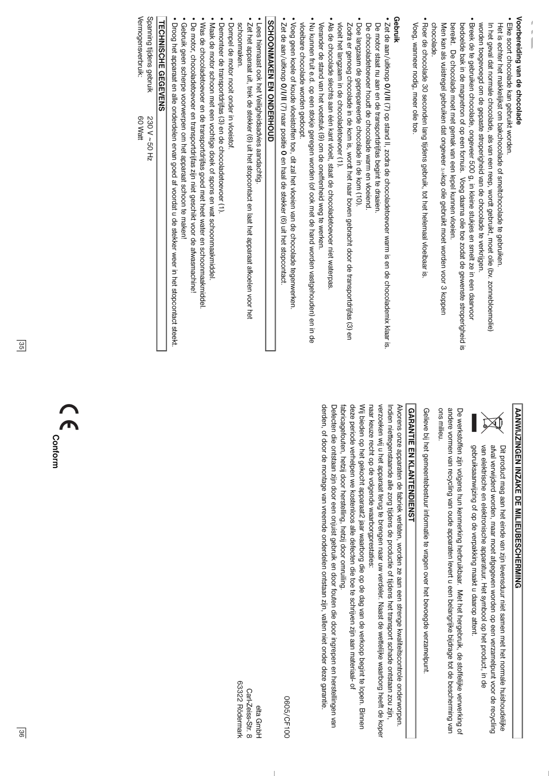 Elta CF100 Conform, Schoonmaken EN Onderhoud, Technische Gegevens, Aanwijzingen Inzake DE Milieubescherming 