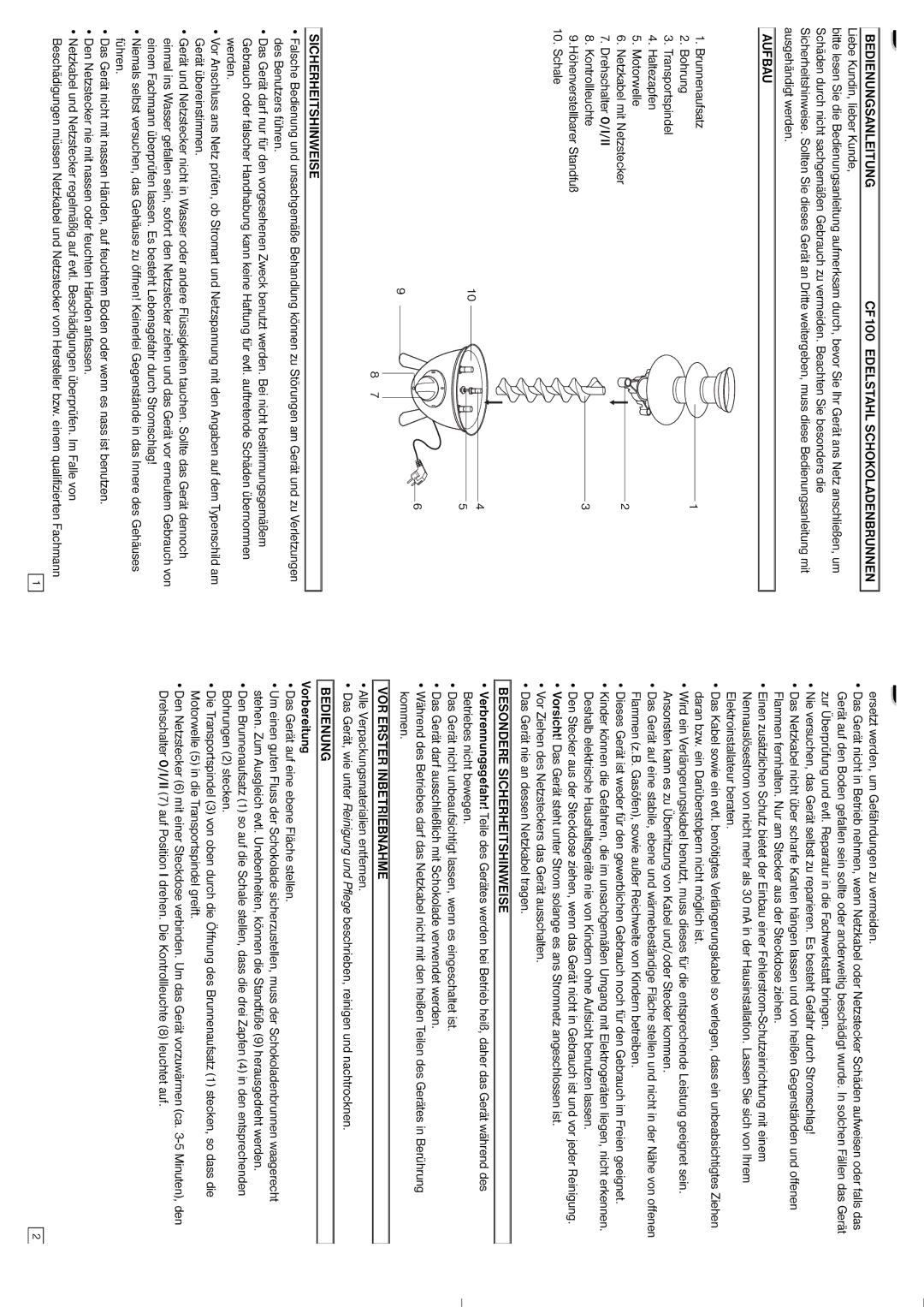 Elta instruction manual Bedienungsanleitung CF100 Edelstahl Schokoladenbrunnen, Aufbau, Besondere Sicherheitshinweise 