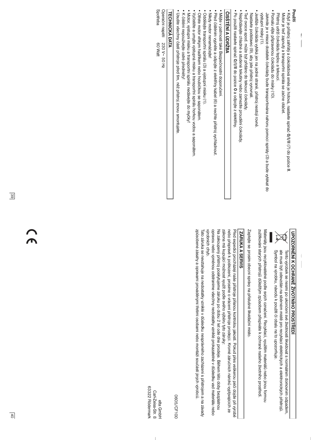 Elta CF100 instruction manual Čisštění a Údržba, Technická Data, Upozornění K Ochraně Životního Prostředí, Záruka a Servis 