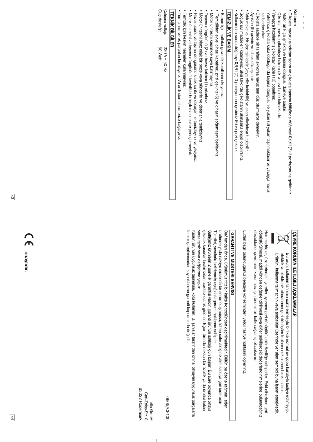 Elta CF100 instruction manual Onaylýdýr, Temýzlýk VE Bakim, Teknýk Býlgýler, Garanti VE Musteri Servisi 