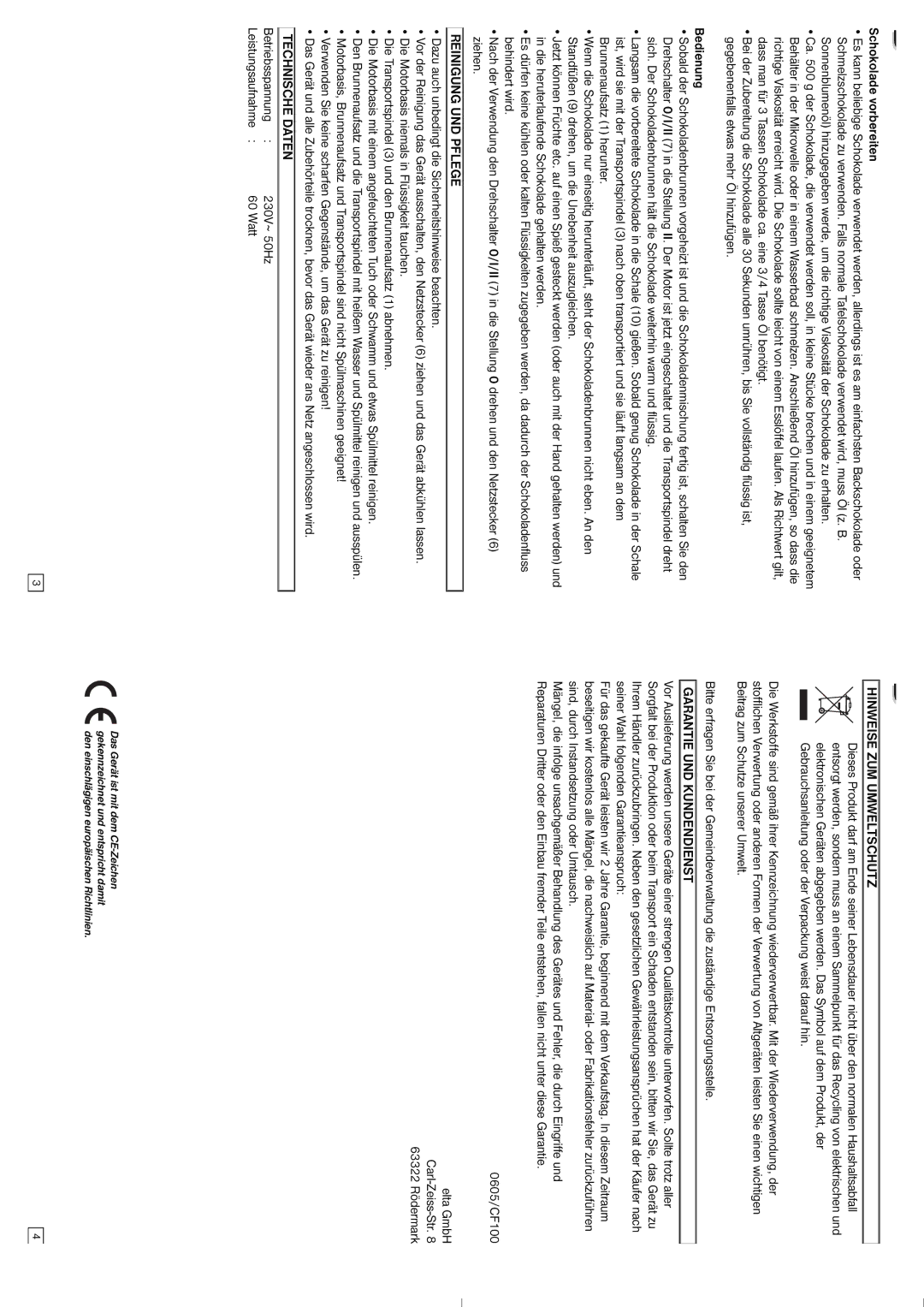 Elta CF100 instruction manual Reinigung UND Pflege, Technische Daten, Hinweise ZUM Umweltschutz, Garantie UND Kundendienst 