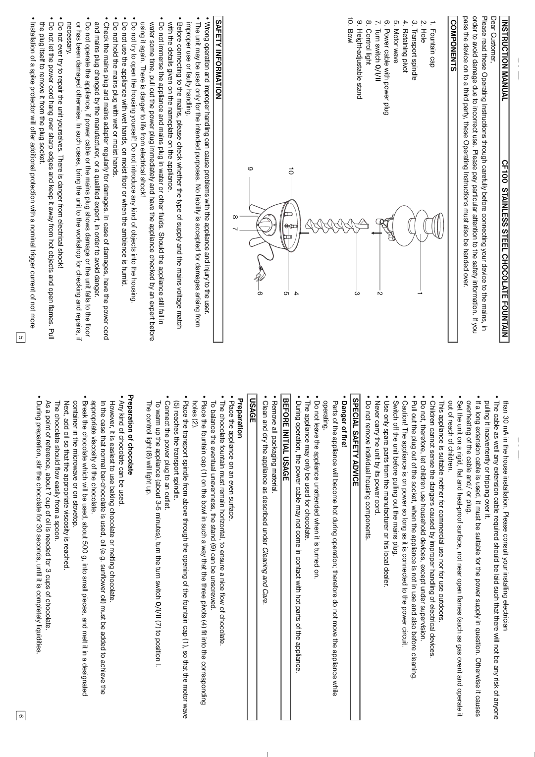 Elta CF100 Stainless Steel Chocolate Fountain, Components, Special Safety Advice, Before Initial Usage 