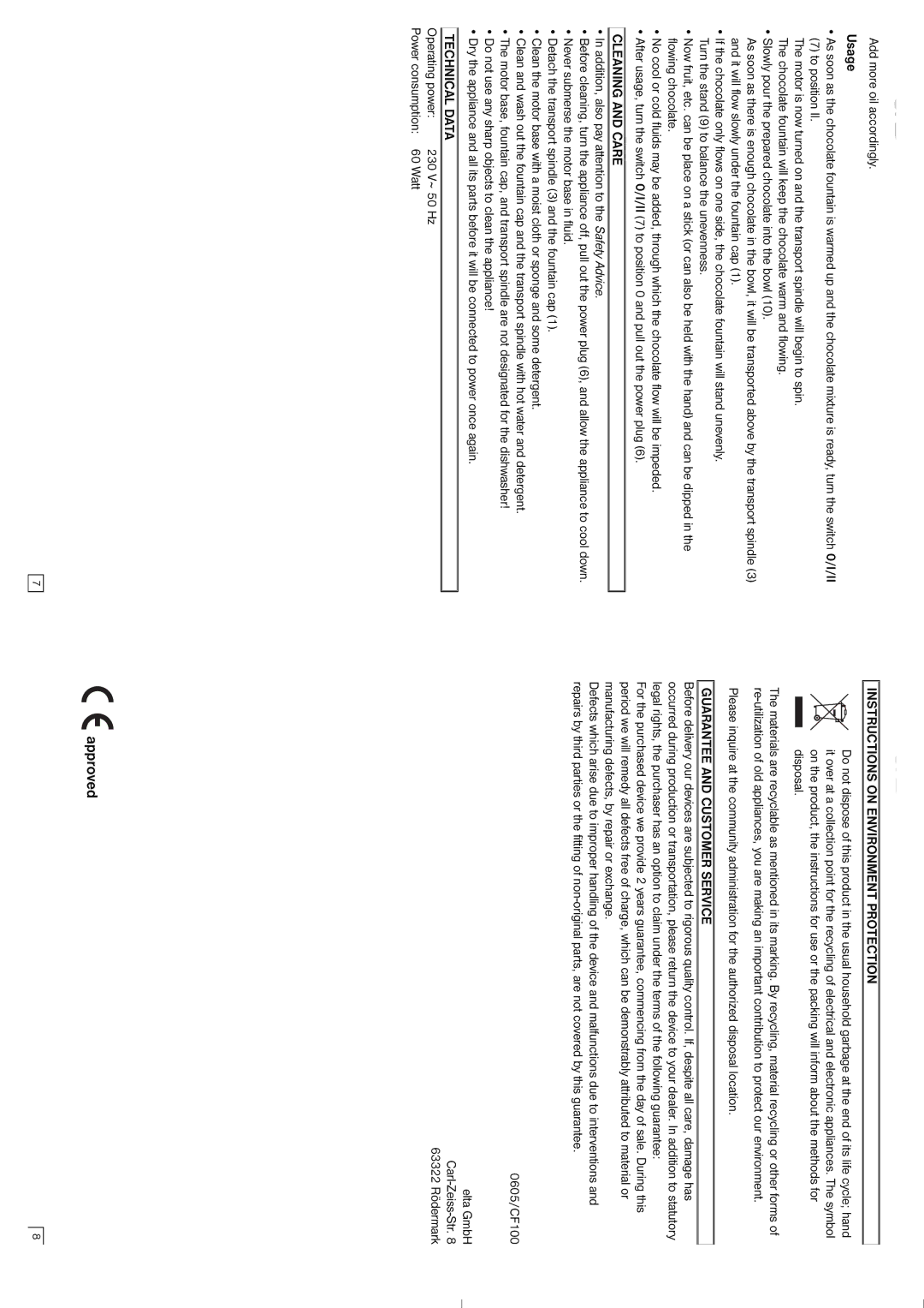 Elta CF100 instruction manual Approved, Cleaning and Care, Technical Data, Instructions on Environment Protection 