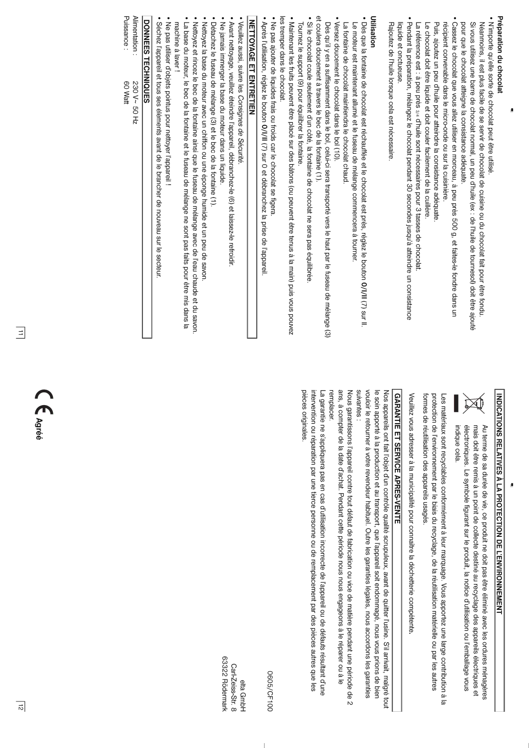 Elta CF100 Agréé, Nettoyage ET Entretien, Donnees Techniques, Indications Relatives À LA Protection DE L’ENVIRONNEMENT 