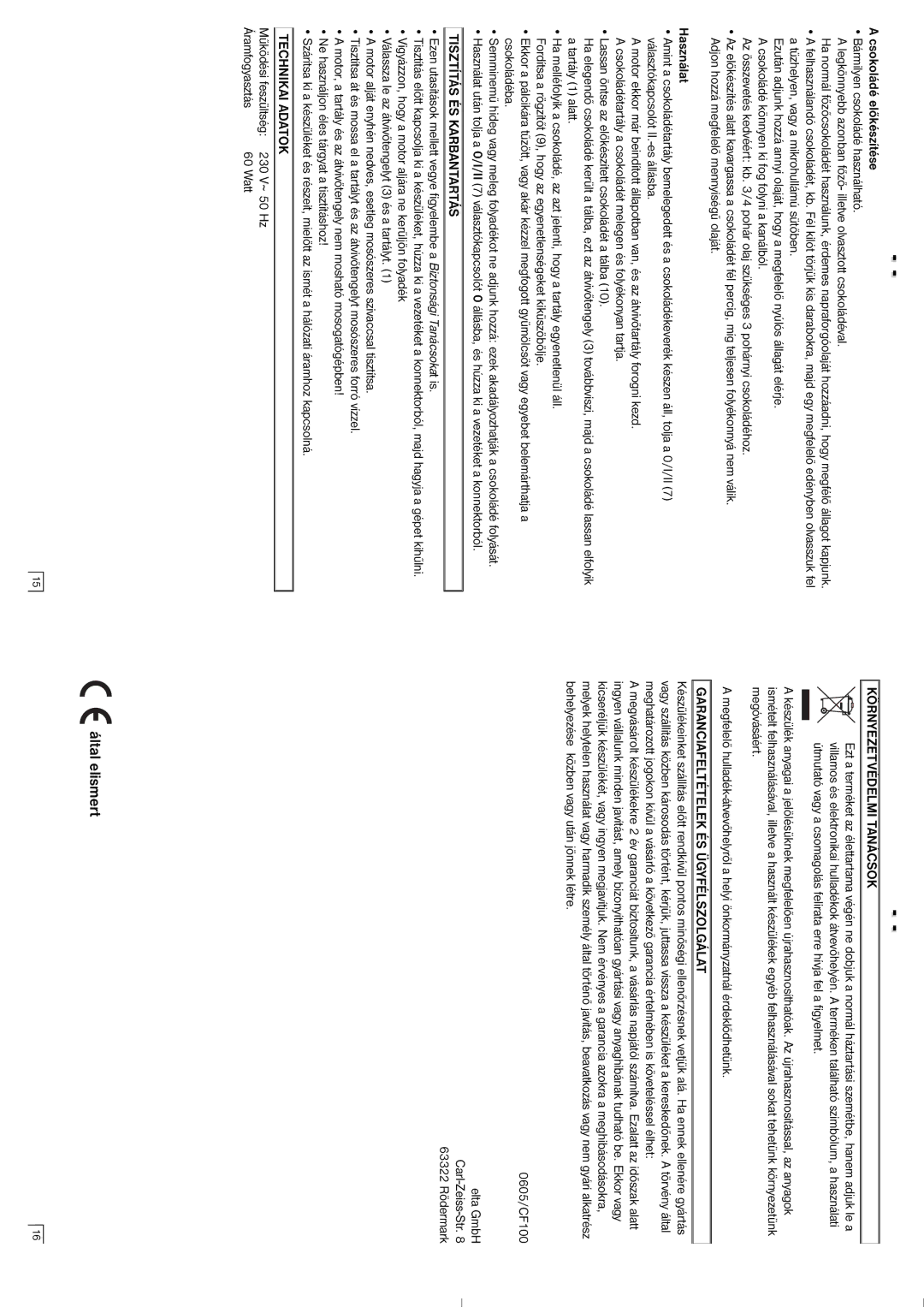 Elta CF100 instruction manual Által elismert, Tisztítás ÉS Karbantartás, Technikai Adatok, Környezetvédelmi Tanácsok 