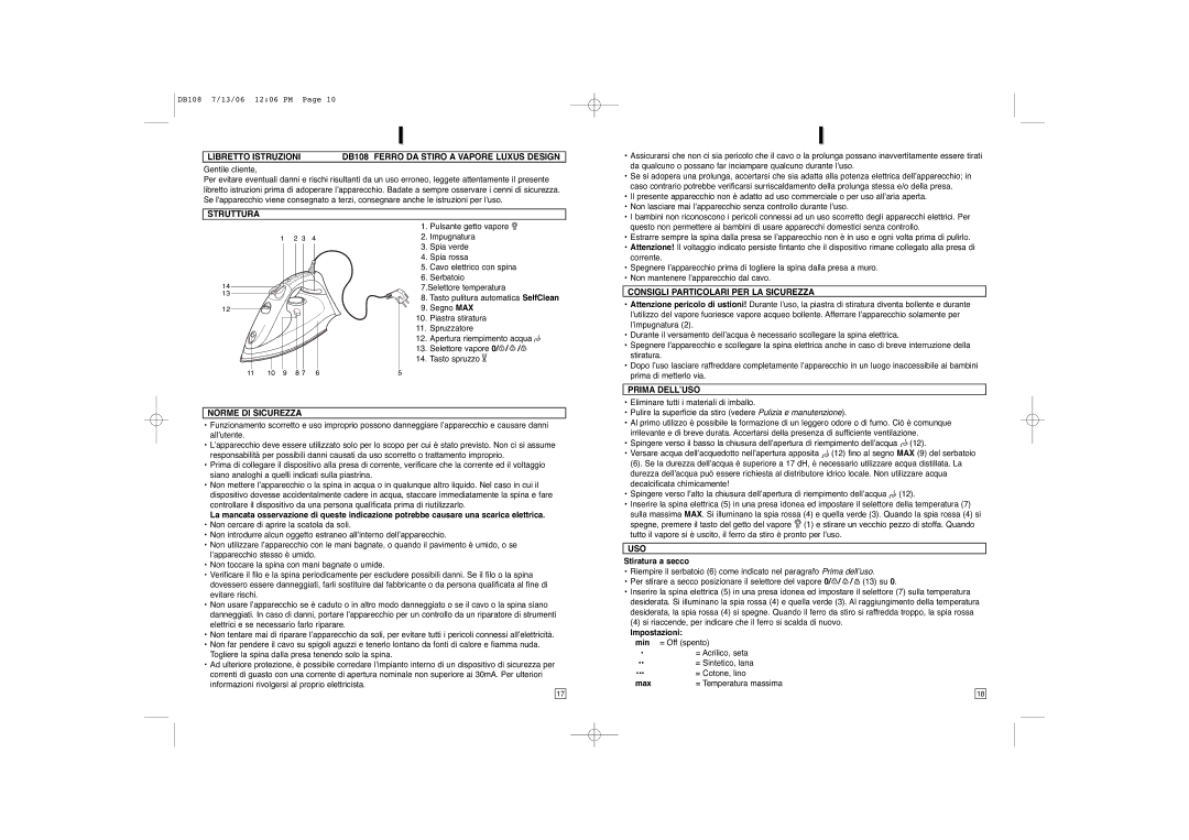 Elta DB108 instruction manual Struttura, Norme DI Sicurezza, Consigli Particolari PER LA Sicurezza, Prima DELL’USO 