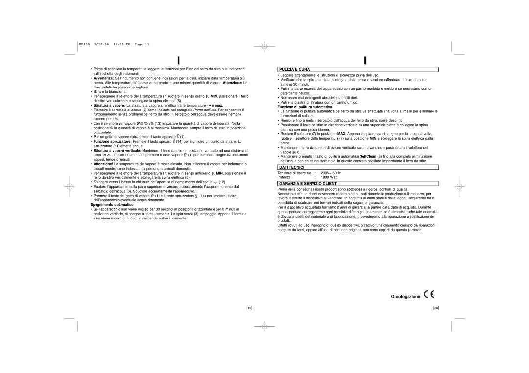 Elta DB108 instruction manual Omologazione, Pulizia E Cura, Dati Tecnici, Garanzia E Servizio Clienti 