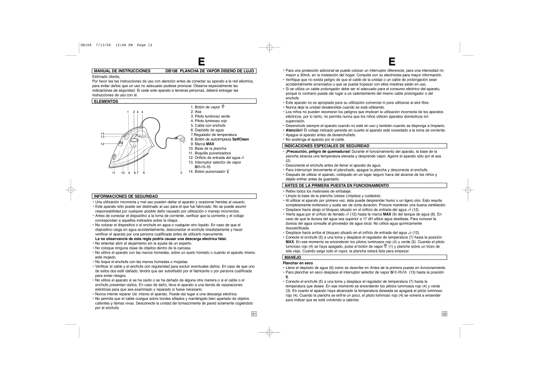 Elta DB108 instruction manual Elementos, Informaciones DE Seguridad, Indicaciones Especiales DE Seguridad, Manejo 