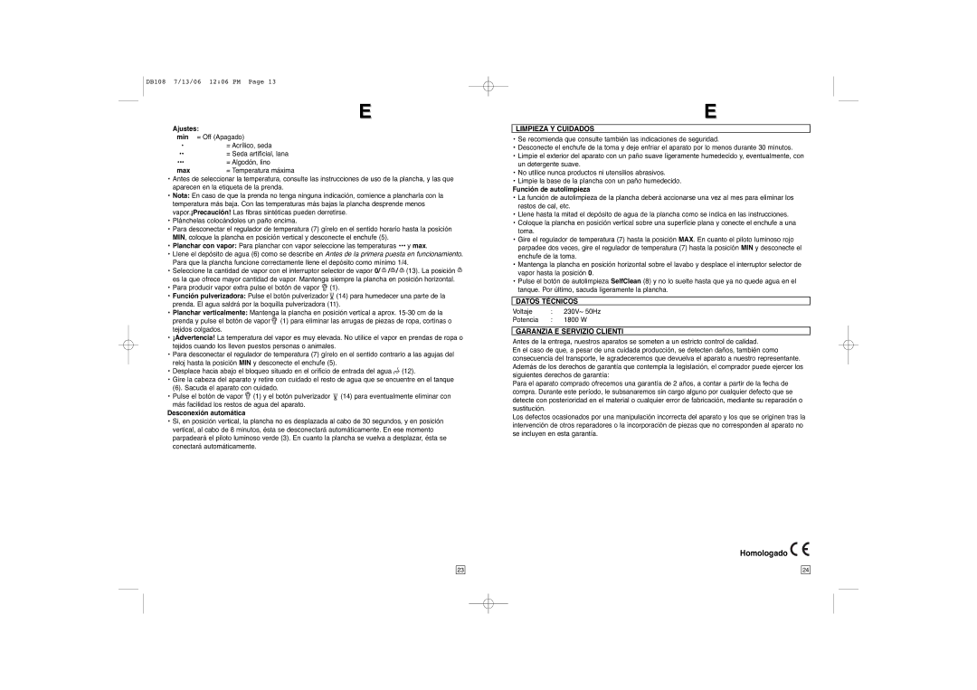 Elta DB108 instruction manual Homologado, Limpieza Y Cuidados, Datos Técnicos 