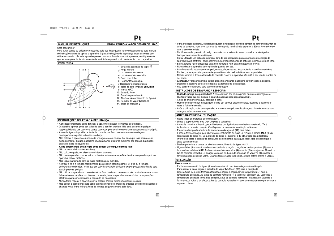 Elta Manual DE Instruções DB108 Ferro a Vapor Design DE Luxo, Estrutura, Informações Relativas À Segurança, Utilização 