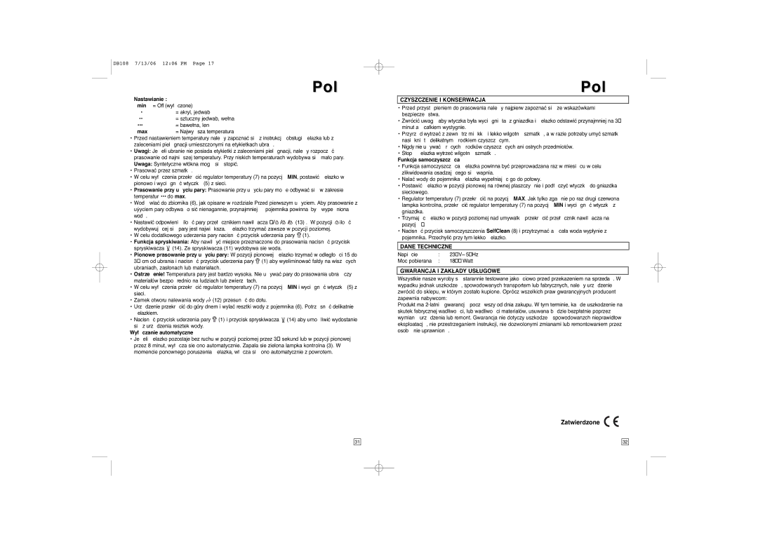 Elta DB108 instruction manual Czyszczenie I Konserwacja, Dane Techniczne, Gwarancja I Zakłady Usługowe 