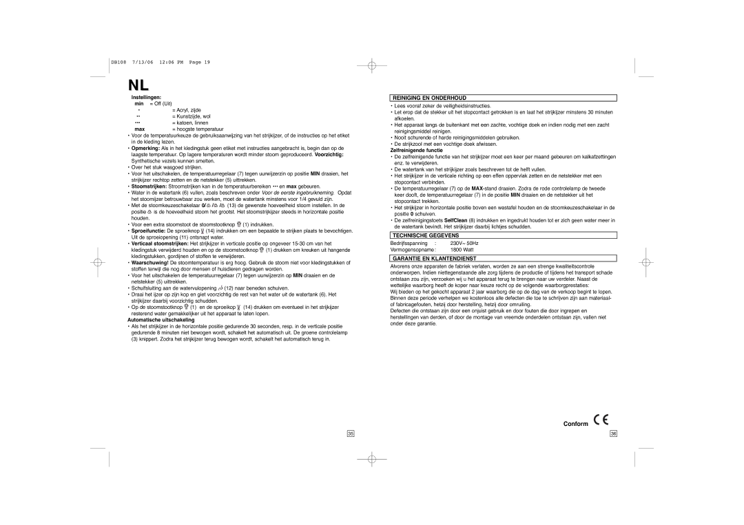 Elta DB108 instruction manual Conform, Reiniging EN Onderhoud, Technische Gegevens, Garantie EN Klantendienst 