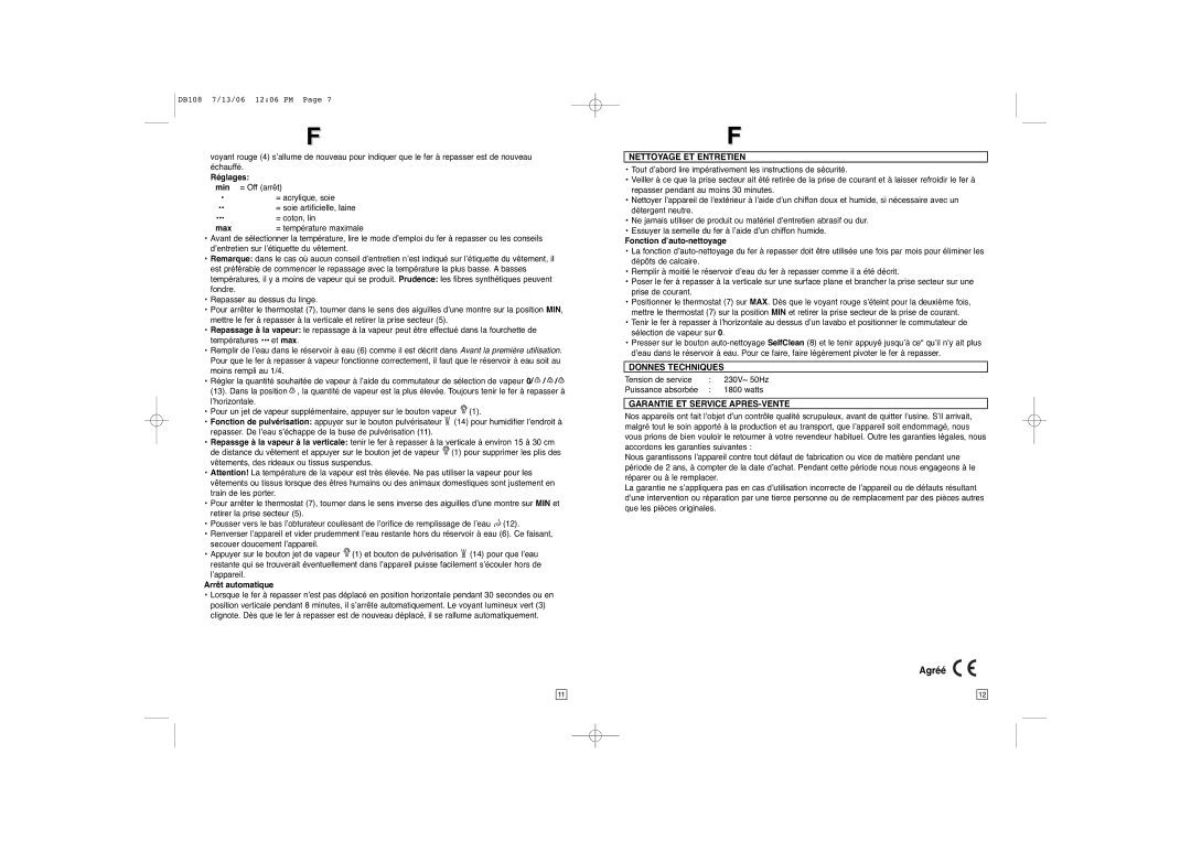 Elta DB108 instruction manual Agréé, Nettoyage ET Entretien, Donnes Techniques, Garantie ET Service APRES-VENTE 