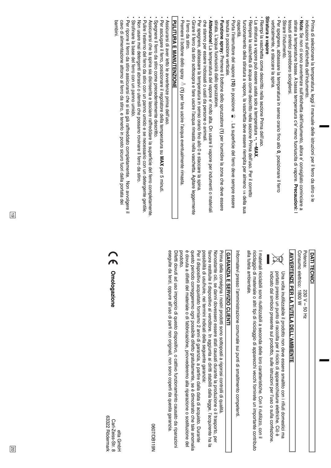 Elta DB119N Stiratura a vapore, Pulitura E Manutenzione, Dati Tecnici, Avvertenze PER LA Tutela DELL’AMBIENTE 