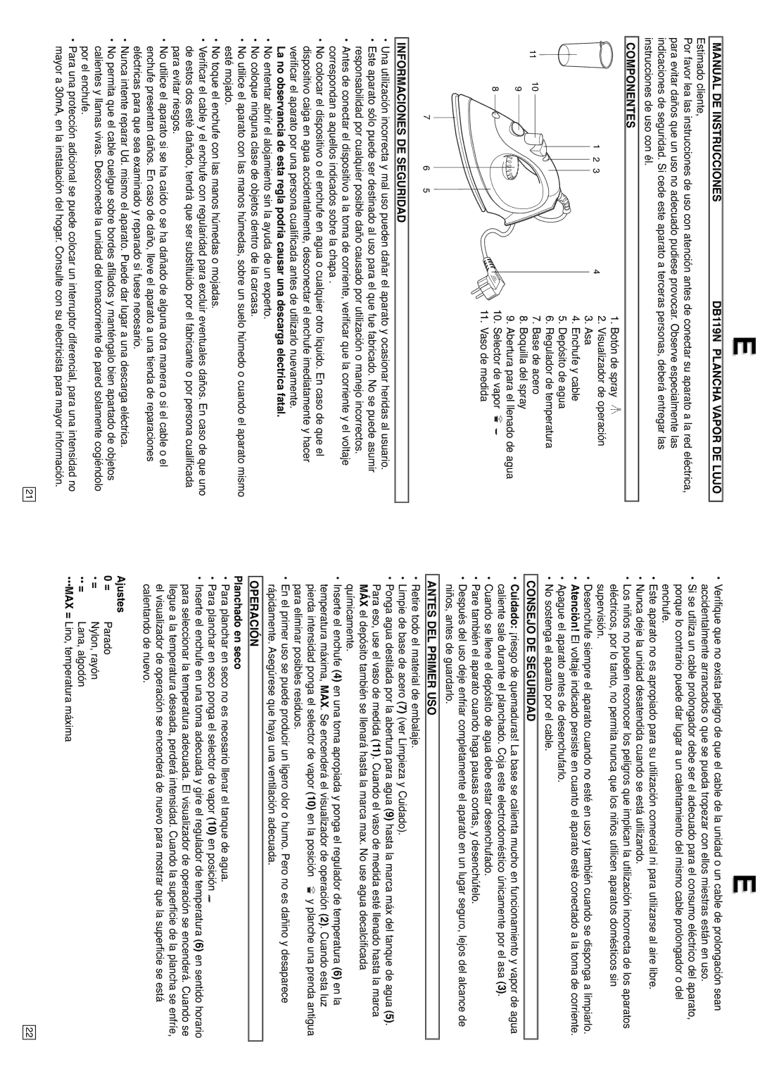 Elta Manual DE Instrucciones DB119N Plancha Vapor DE Lujo, Componentes, Informaciones DE Seguridad, Operación 