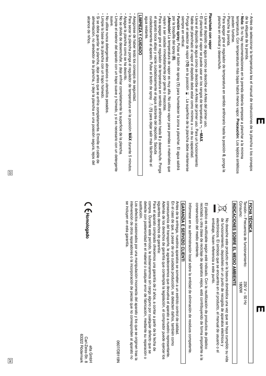 Elta DB119N instruction manual Planchado con vapor, Limpieza Y Cuidado, Ficha Técnica, Indicaciones Sobre EL Medio Ambiente 