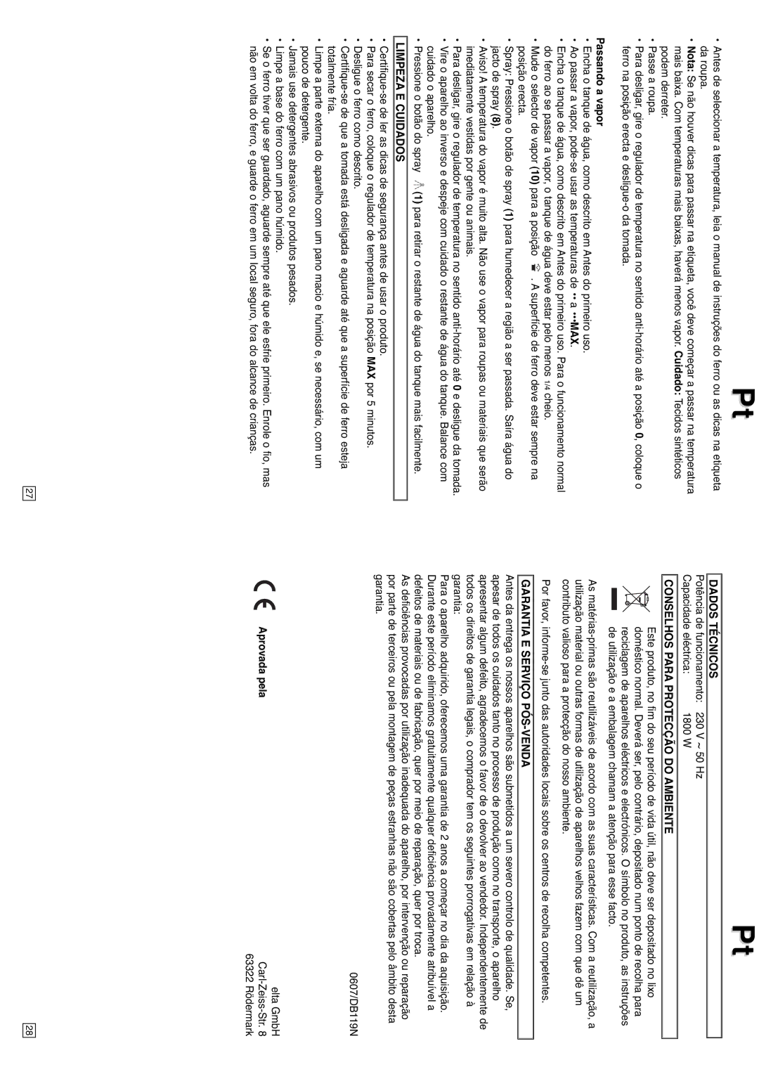 Elta DB119N instruction manual Passando a vapor, Limpeza E Cuidados, Dados Técnicos, Conselhos Para Protecção do Ambiente 