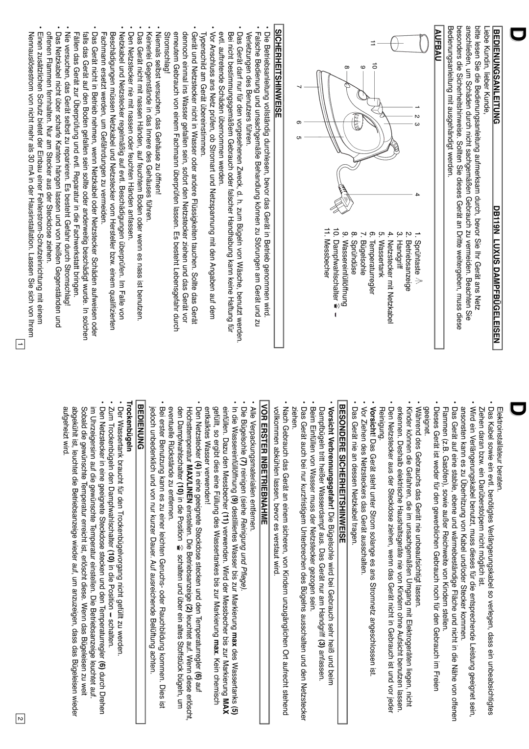 Elta instruction manual Bedienungsanleitung DB119N Luxus Dampfbügeleisen, Aufbau, Besondere Sicherheitshinweise 