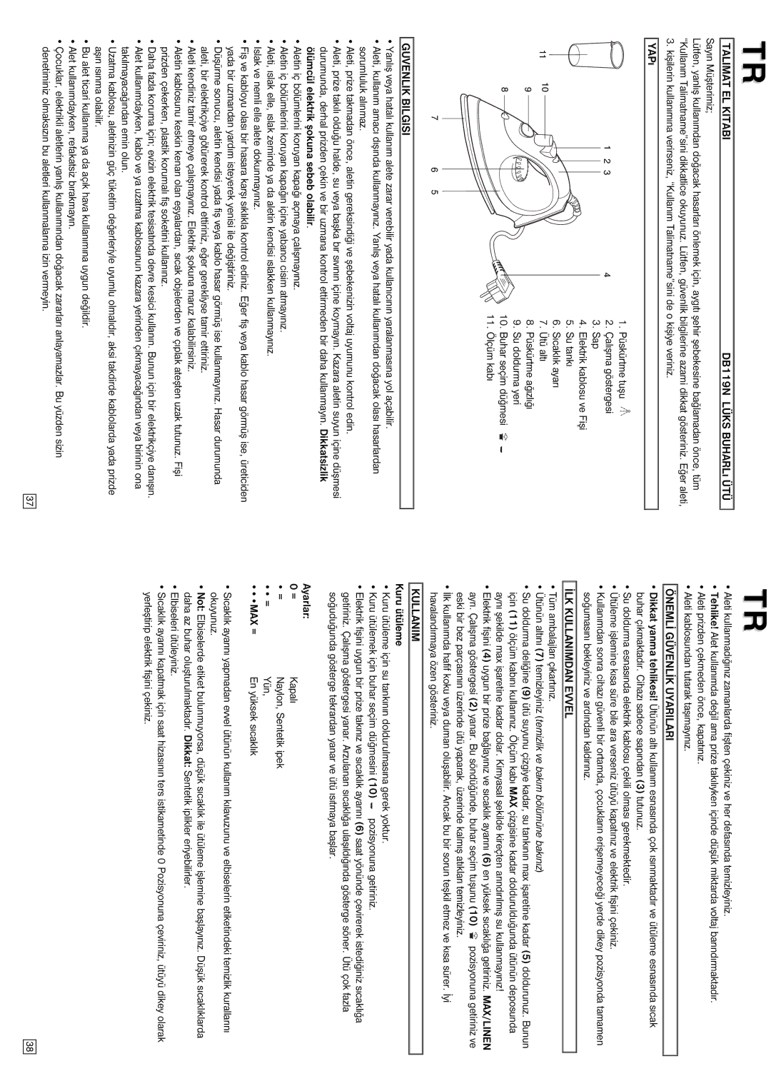 Elta DB119N instruction manual Talimat EL Kitabi, Guvenlik Bilgisi, Önemlý Güvenlýk Uyarilari, ÝLK Kullanimdan Evvel 