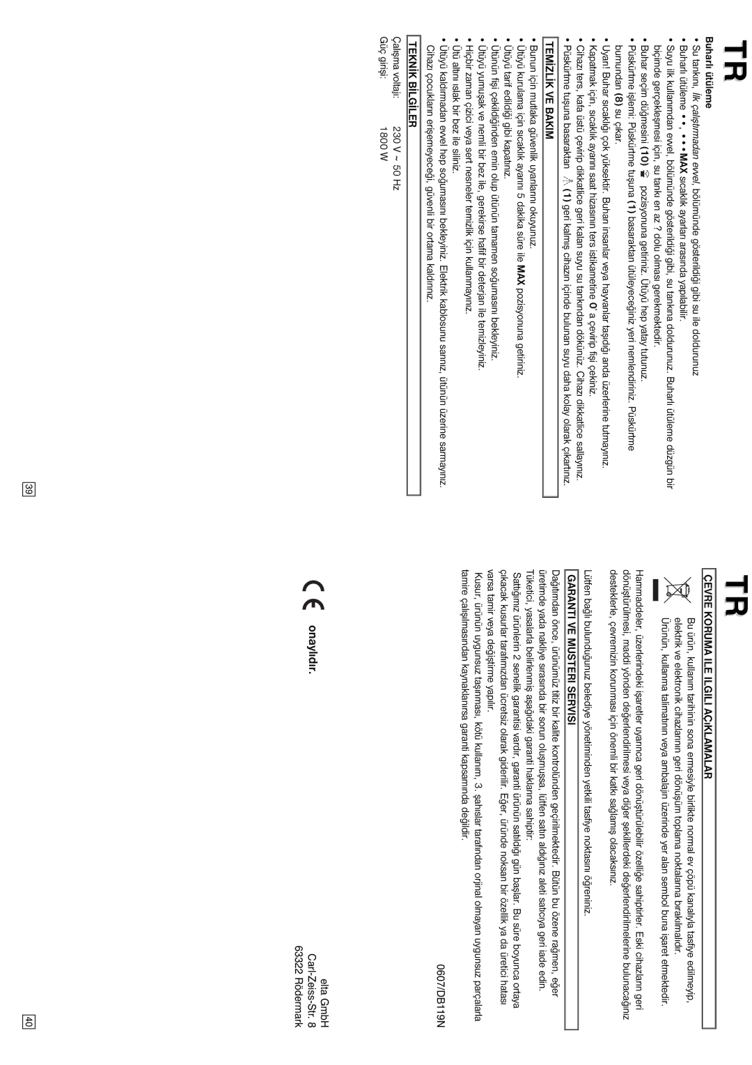 Elta DB119N instruction manual Temýzlýk VE Bakim, Teknýk Býlgýler, Garanti VE Musteri Servisi 