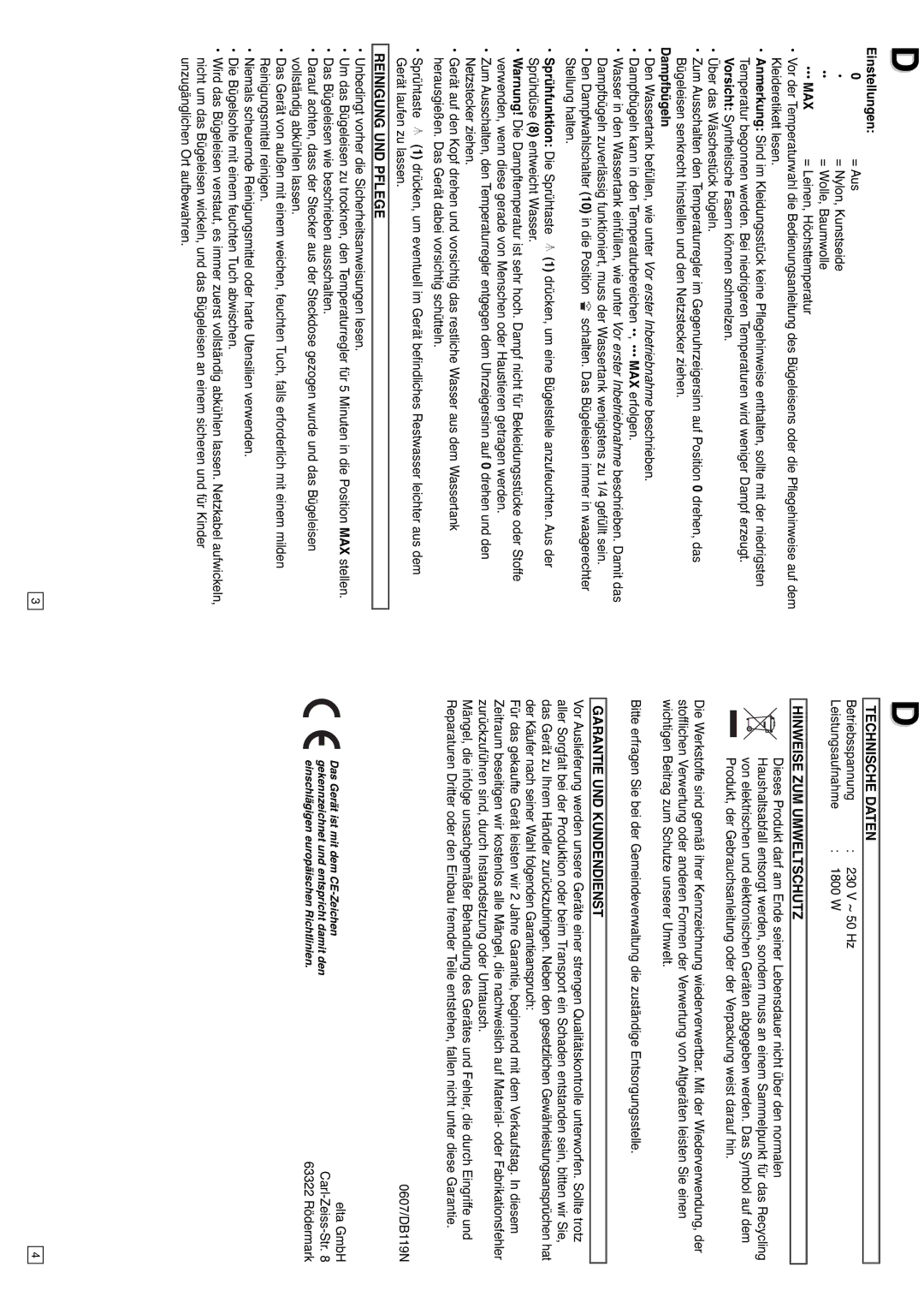 Elta DB119N instruction manual Reinigung UND Pflege, Technische Daten, Hinweise ZUM Umweltschutz, Garantie UND Kundendienst 