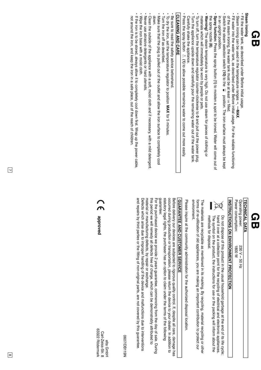 Elta DB119N instruction manual Steam ironing, Cleaning and Care, Technical Data, Instructions on Environment Protection 