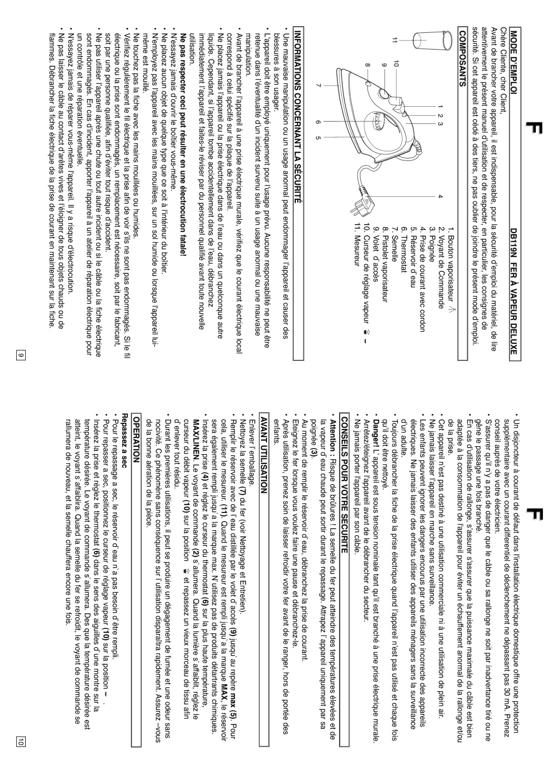 Elta Mode D’EMPLOI DB119N FER À Vapeur Deluxe, Composants, Informations Concernant LA Sécurité, Avant Utilisation 