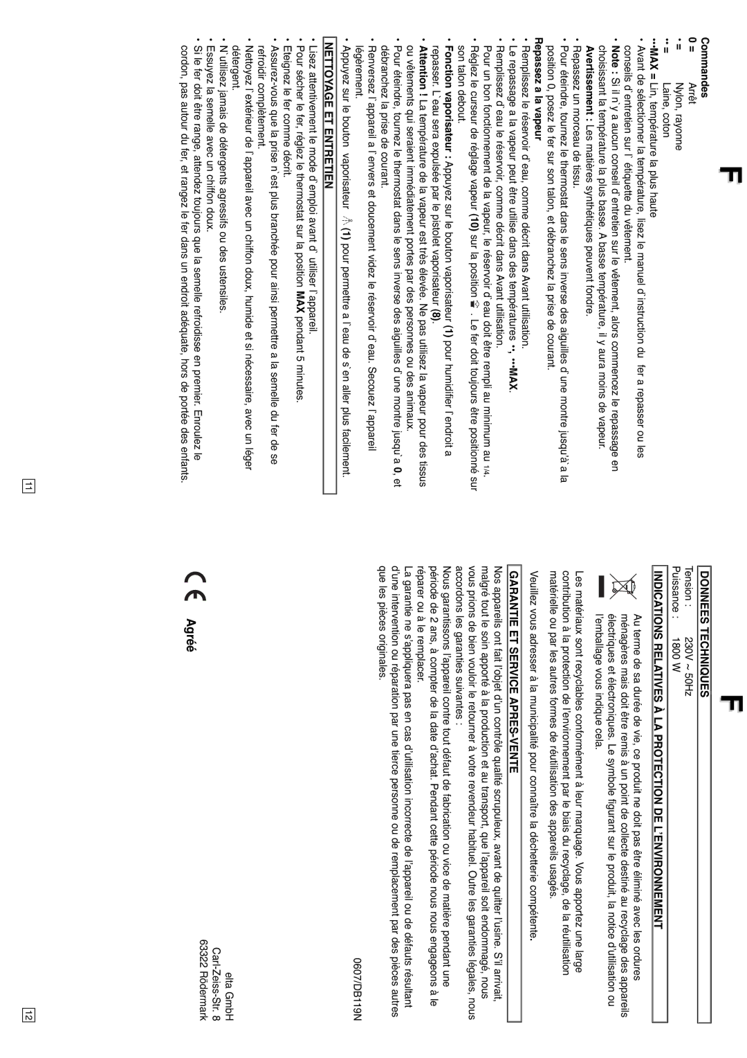 Elta DB119N Nettoyage ET Entretien, Donnees Techniques, Indications Relatives À LA Protection DE L’ENVIRONNEMENT 