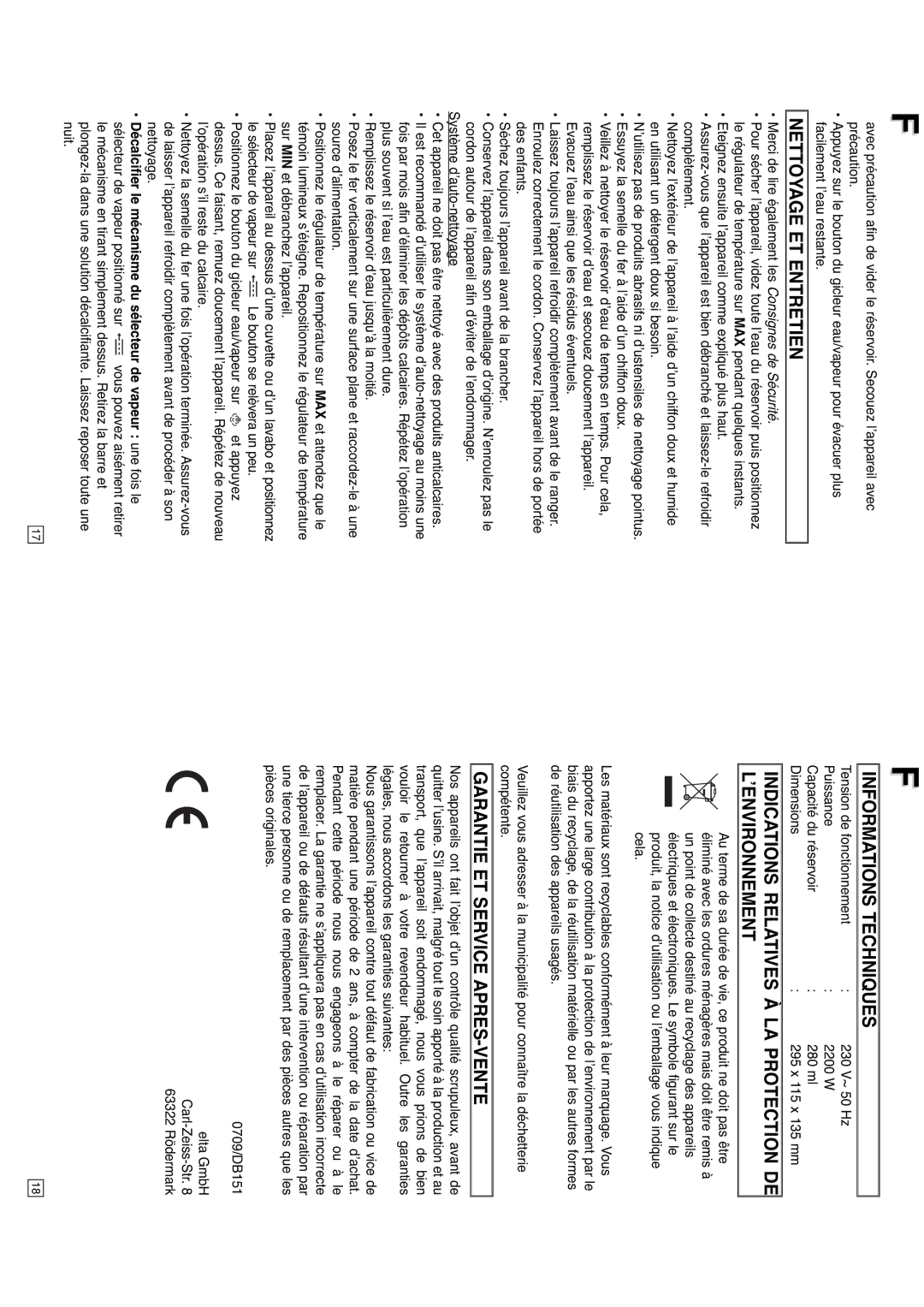 Elta DB151, 0709 Nettoyage ET Entretien, Informations Techniques, Indications Relatives À LA Protection DE L’ENVIRONNEMENT 