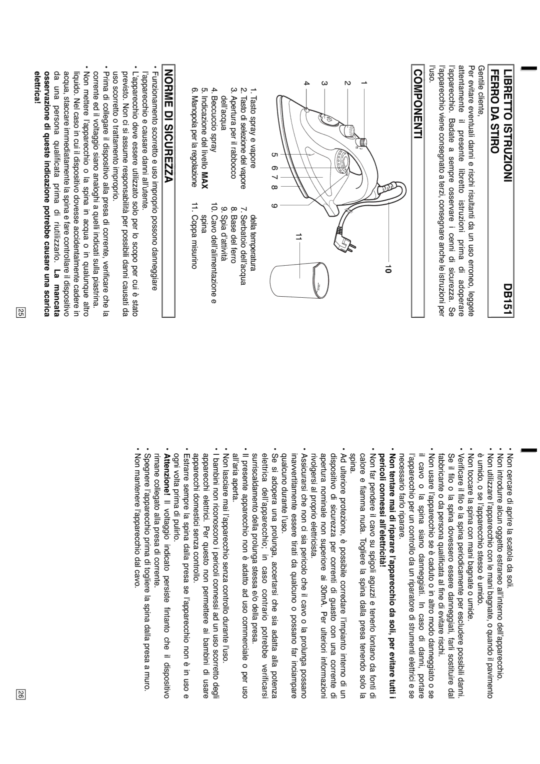 Elta DB151, 0709 instruction manual Libretto Istruzioni, Ferro DA Stiro, Componenti, Norme DI Sicurezza 