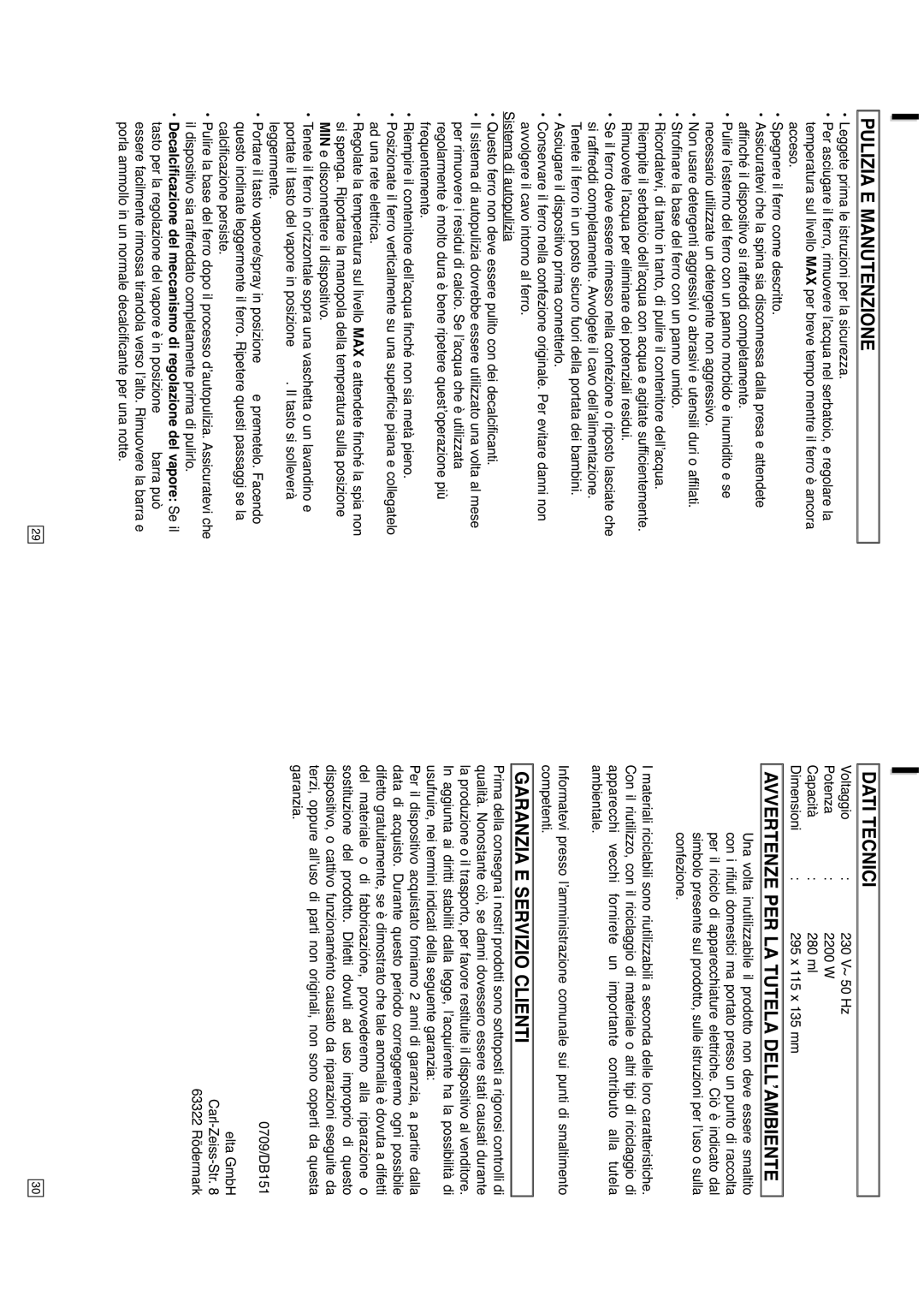 Elta DB151, 0709 Pulizia E Manutenzione, Dati Tecnici, Avvertenze PER LA Tutela DELL’AMBIENTE, Garanzia E Servizio Clienti 