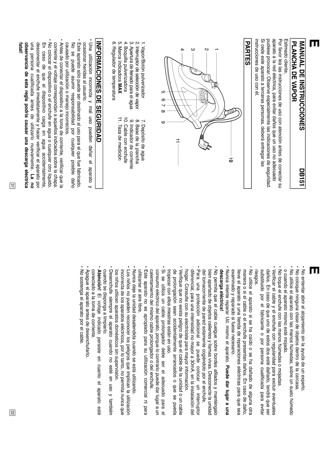 Elta 0709, DB151 instruction manual Manual DE Instrucciones, Plancha DE Vapor, Partes, Informaciones DE Seguridad 