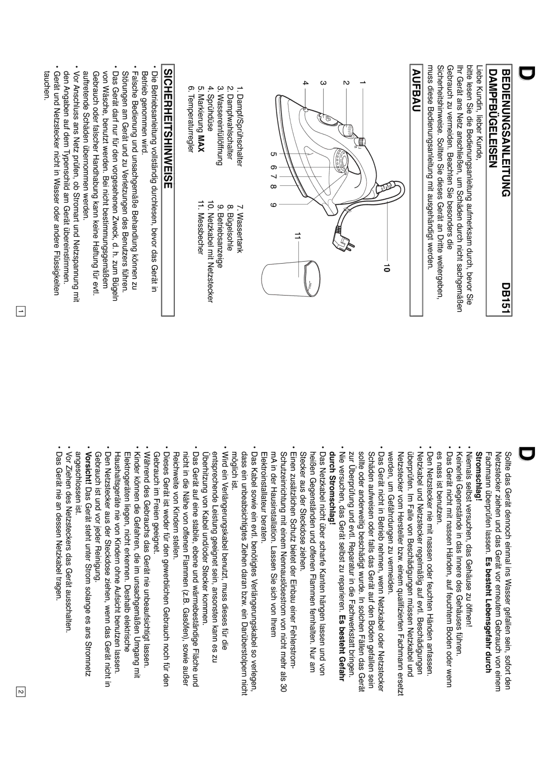 Elta 0709 instruction manual BEDIENUNGSANLEITUNGDB151 Dampfbügeleisen, Aufbau, Sicherheitshinweise, Stromschlag 