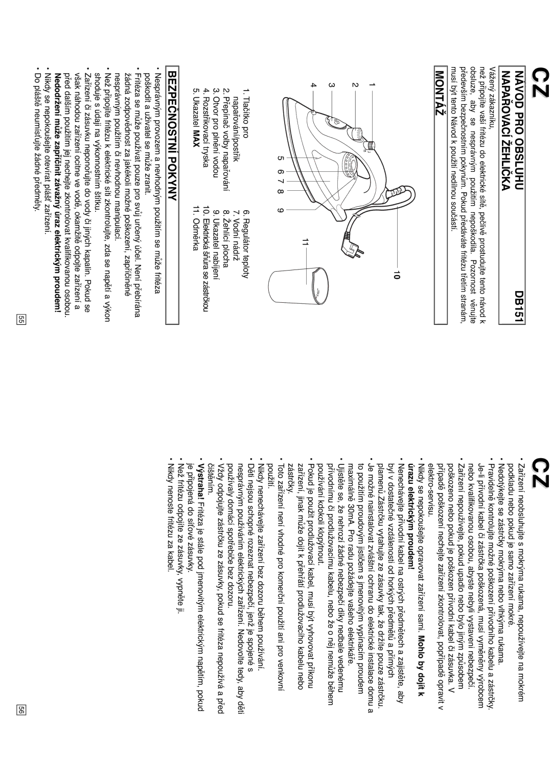 Elta 0709, DB151 instruction manual Návod PRO Obsluhu, Napařovací Žehlička, Montáž, Bezpečnostní Pokyny 