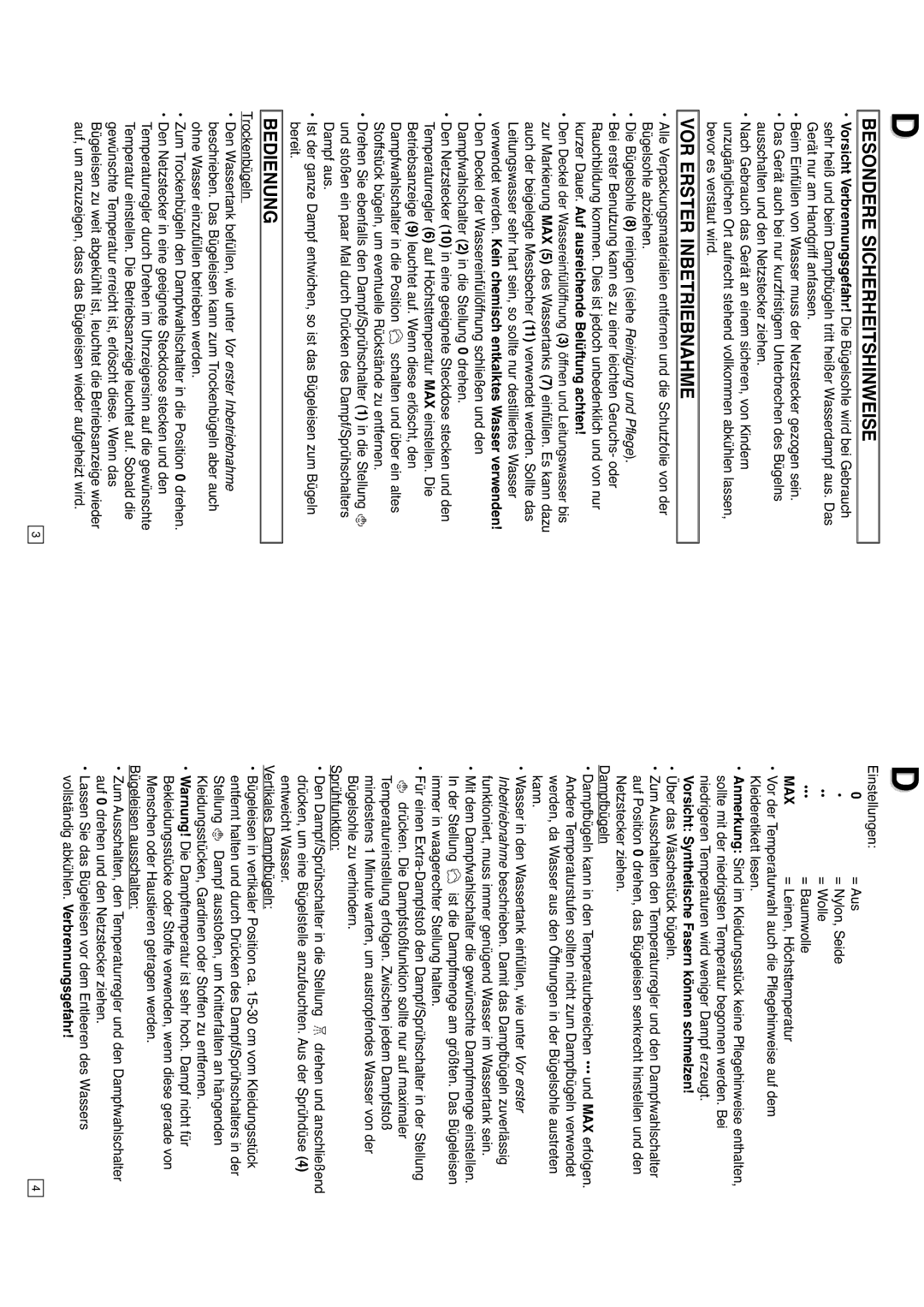 Elta 0709, DB151 Besondere Sicherheitshinweise, VOR Erster Inbetriebnahme, Bedienung, = Leinen, Höchsttemperatur 