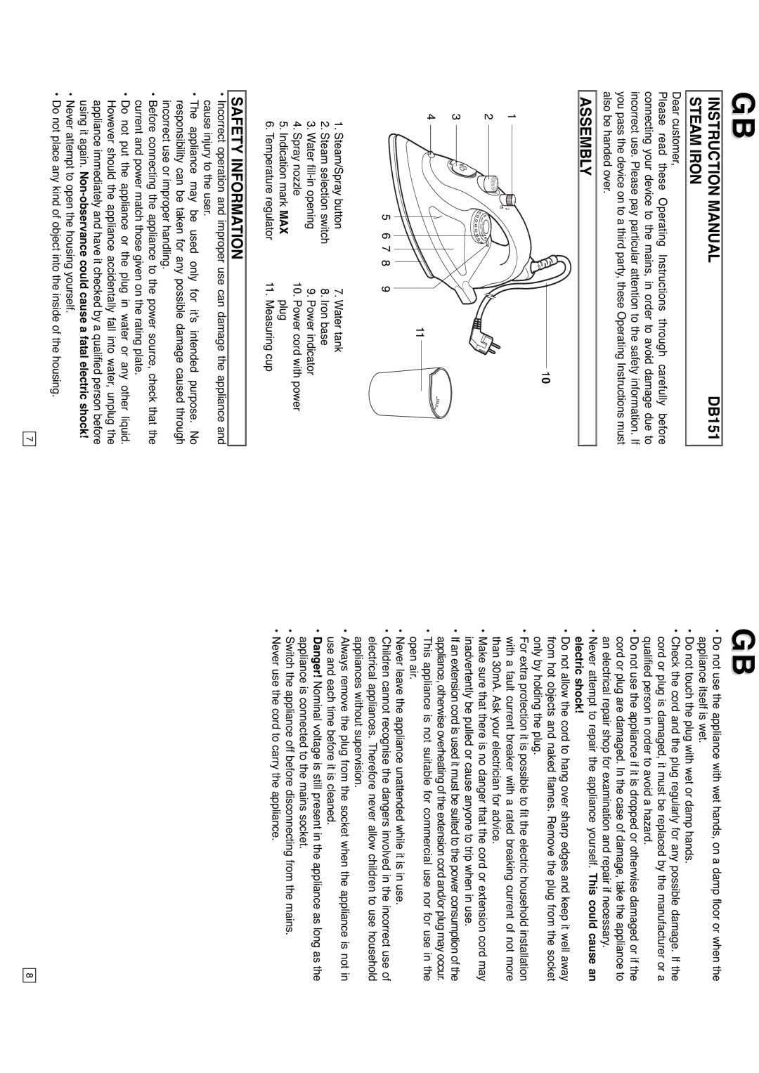 Elta 0709, DB151 instruction manual Steam Iron, Assembly, Safety Information 