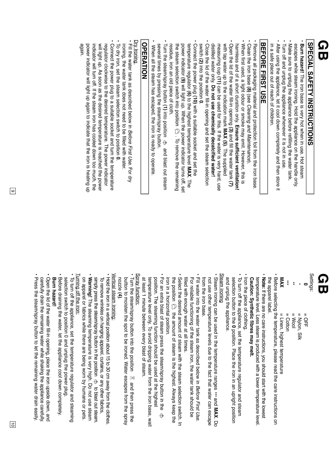 Elta DB151, 0709 Special Safety Instructions, Before First USE, Operation, = Linen, highest temperature, Burn hazard 