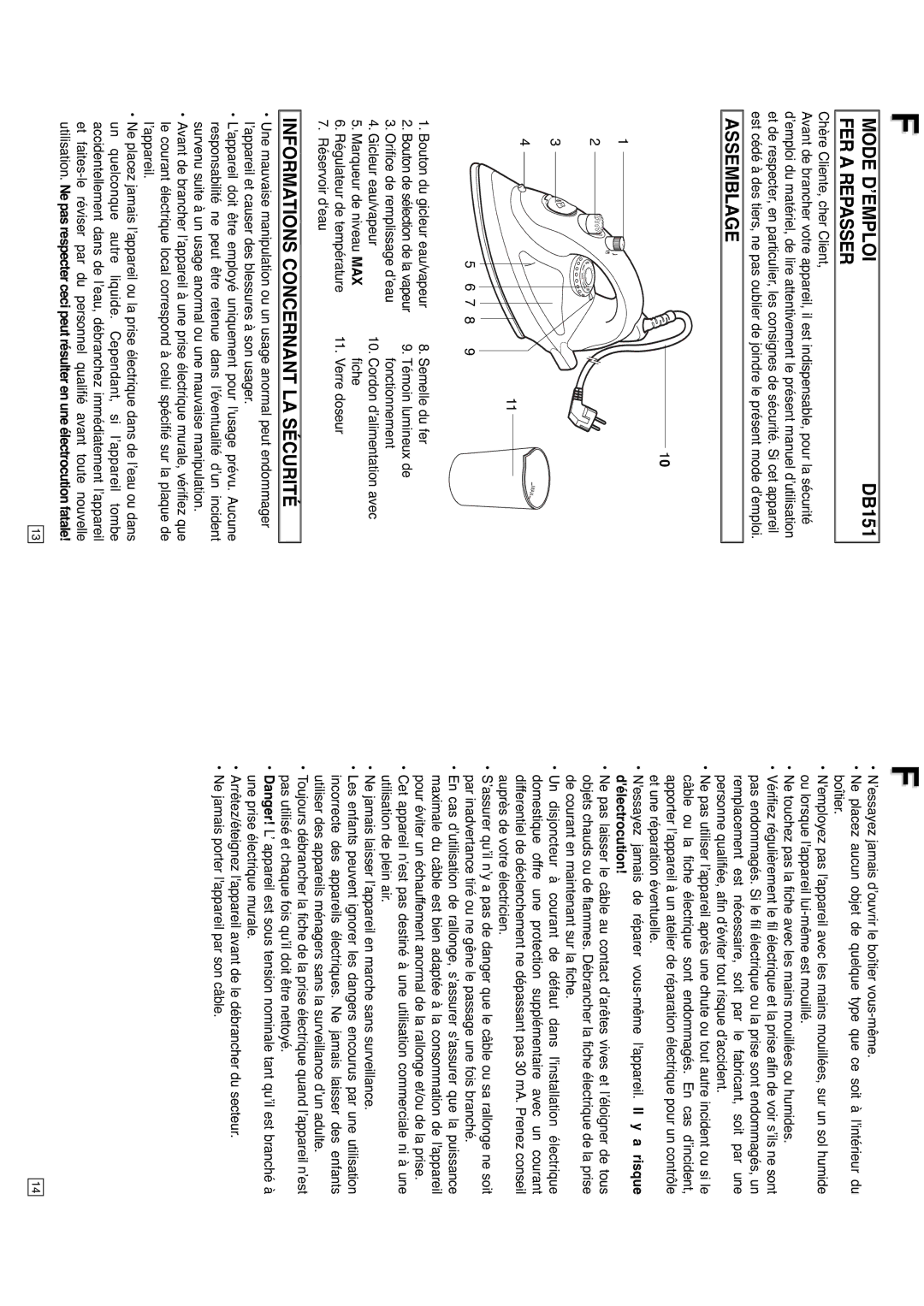 Elta DB151, 0709 instruction manual Mode D’EMPLOI, FER a Repasser, Assemblage, Informations Concernant LA Sécurité 