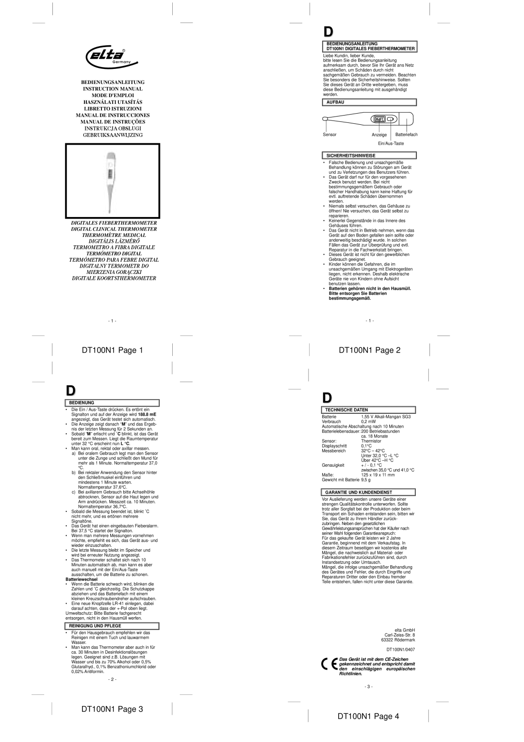 Elta instruction manual Reinigung UND Pflege, Bedienungsanleitung DT100N1 Digitales Fieberthermometer, Aufbau 