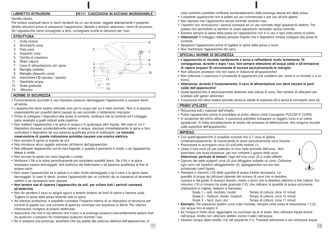 Elta Libretto Istruzioni EK111 Cuociuova in Acciaio Inossidabile, Struttura, Norme DI Sicurezza, Primo Utilizzo 