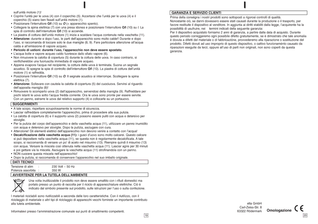 Elta EK111 Suggerimenti, Dati Tecnici, Avvertenze PER LA Tutela DELL’AMBIENTE, Garanzia E Servizio Clienti 