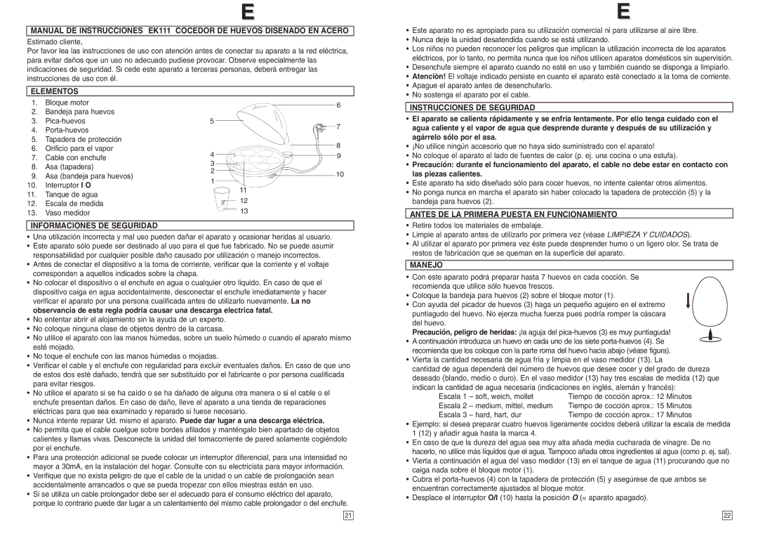 Elta EK111 Elementos, Informaciones DE Seguridad, Instrucciones DE Seguridad, Antes DE LA Primera Puesta EN Funcionamiento 