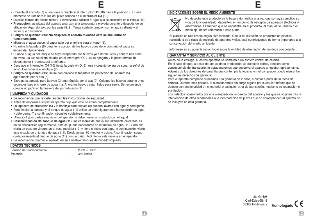 Elta EK111 Limpieza Y Cuidados, Datos Técnicos, Indicaciones Sobre EL Medio Ambiente, Garantía Y Servicio AL Cliente 