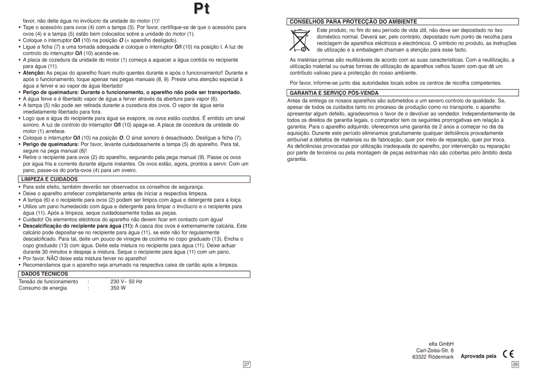 Elta EK111 Limpeza E Cuidados, Dados Técnicos, Conselhos Para Protecção do Ambiente, Garantia E Serviço PÓS-VENDA 