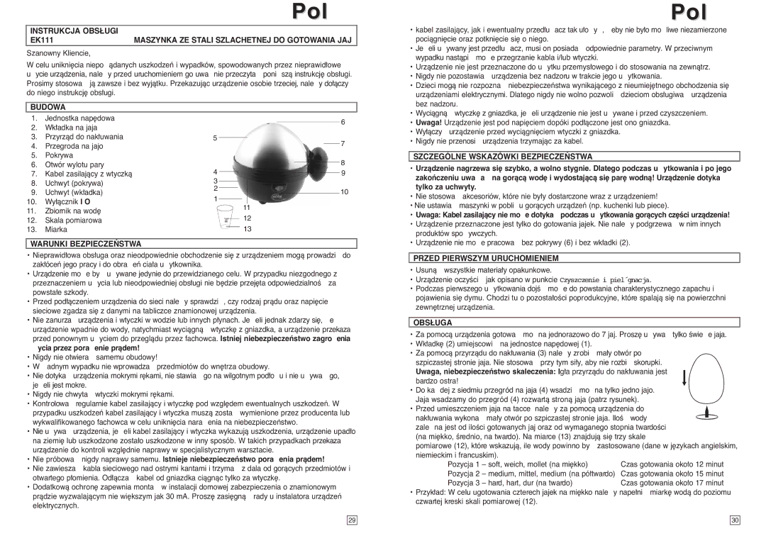 Elta EK111 Instrukcja Obsługi, Maszynka ZE Stali Szlachetnej do Gotowania JAJ, Budowa, Warunki BEZPIECZE¡STWA, Obsługa 