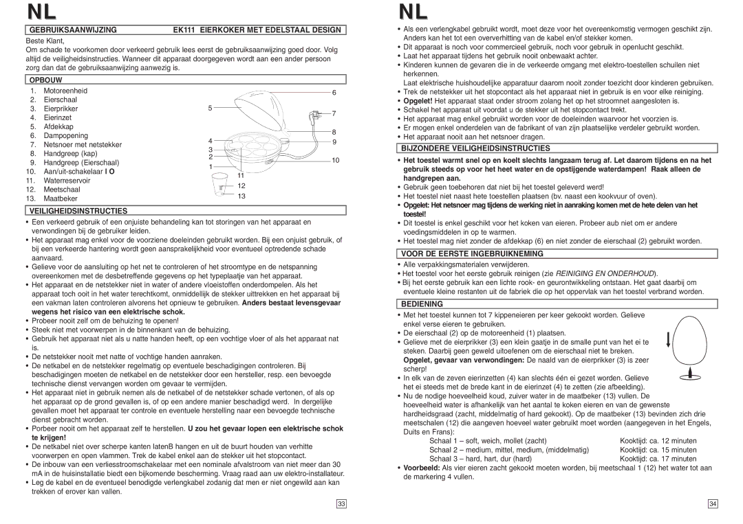 Elta Gebruiksaanwijzing EK111 Eierkoker MET Edelstaal Design, Opbouw, Veiligheidsinstructies, Bediening 