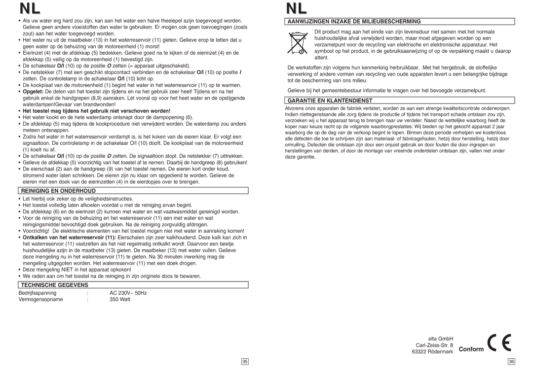 Elta EK111 instruction manual Reiniging EN Onderhoud, Technische Gegevens, Aanwijzingen Inzake DE Milieubescherming 