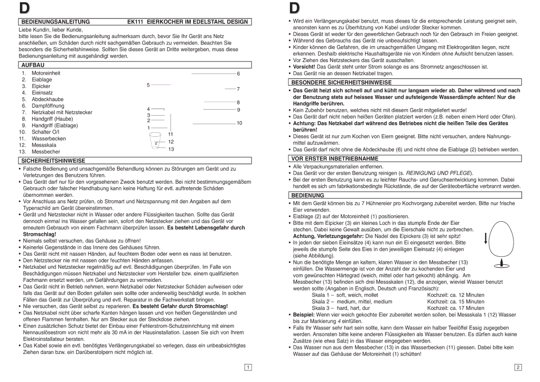 Elta Bedienungsanleitung EK111 Eierkocher IM Edelstahl Design, Aufbau, Sicherheitshinweise, VOR Erster Inbetriebnahme 