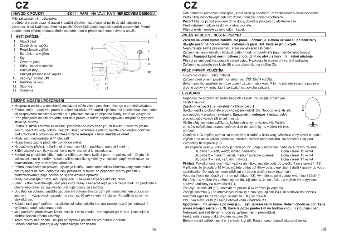 Elta Návod K POUŽITÍEK111 VA¤I NA Vají KA V Nerezovém Designu, Ásti ZA¤ÍZENÍ, Zvláštní Bezpe Nostní Pokyny, Ovládání 